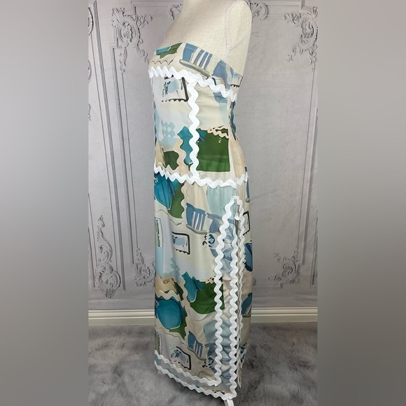 Casual Ribbon Trim Tile Print Tuscany Floral Strapless Bohemian Dress - Picture 6 of 13